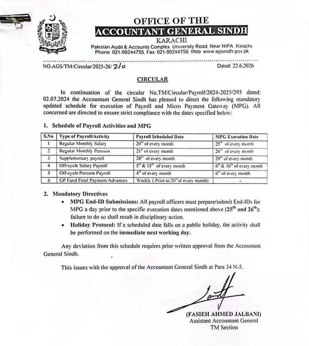 Accountant General Sindh Notification Regarding Payroll