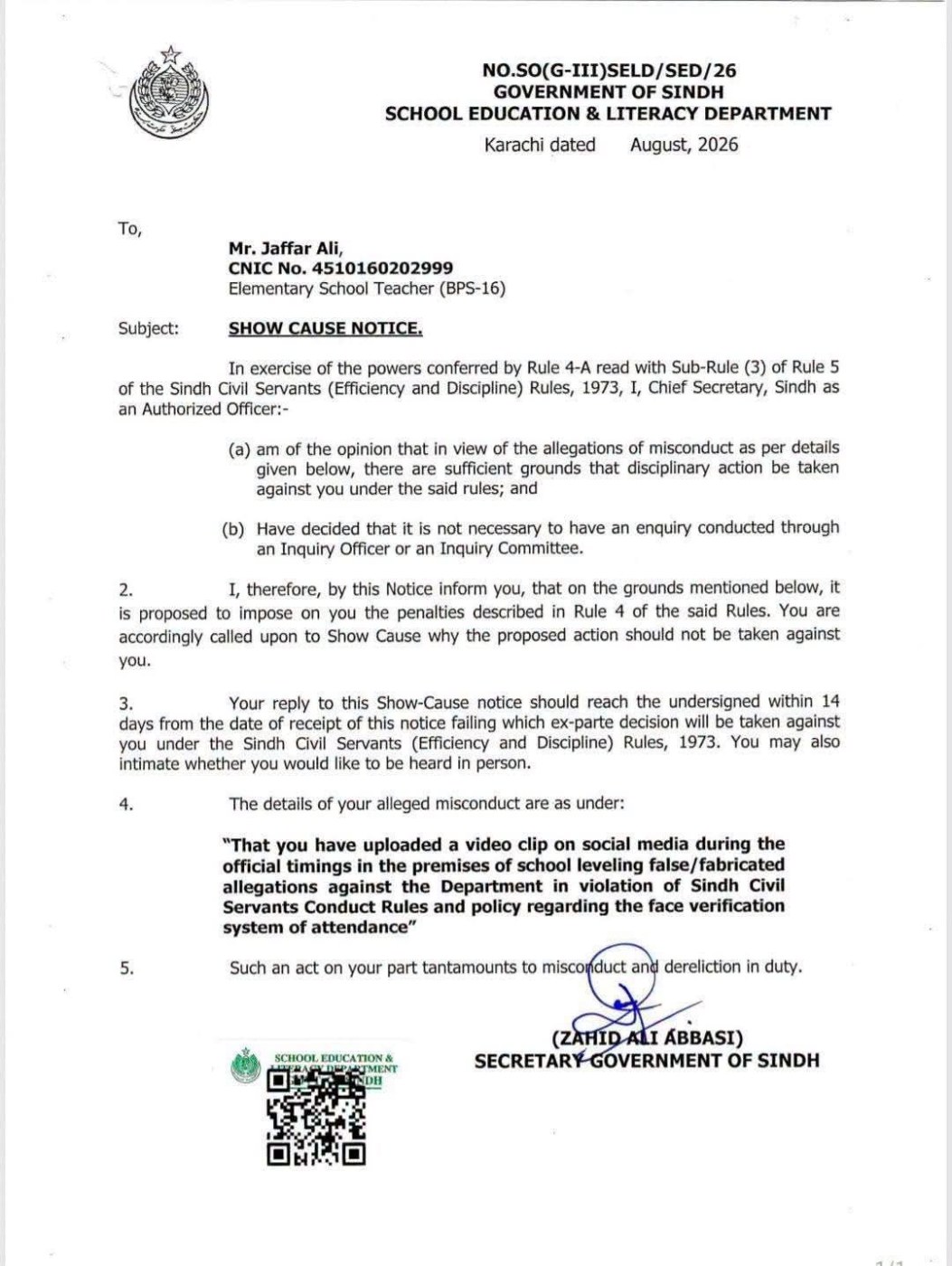 Showcause Notification Teacher Mr. Jaffar